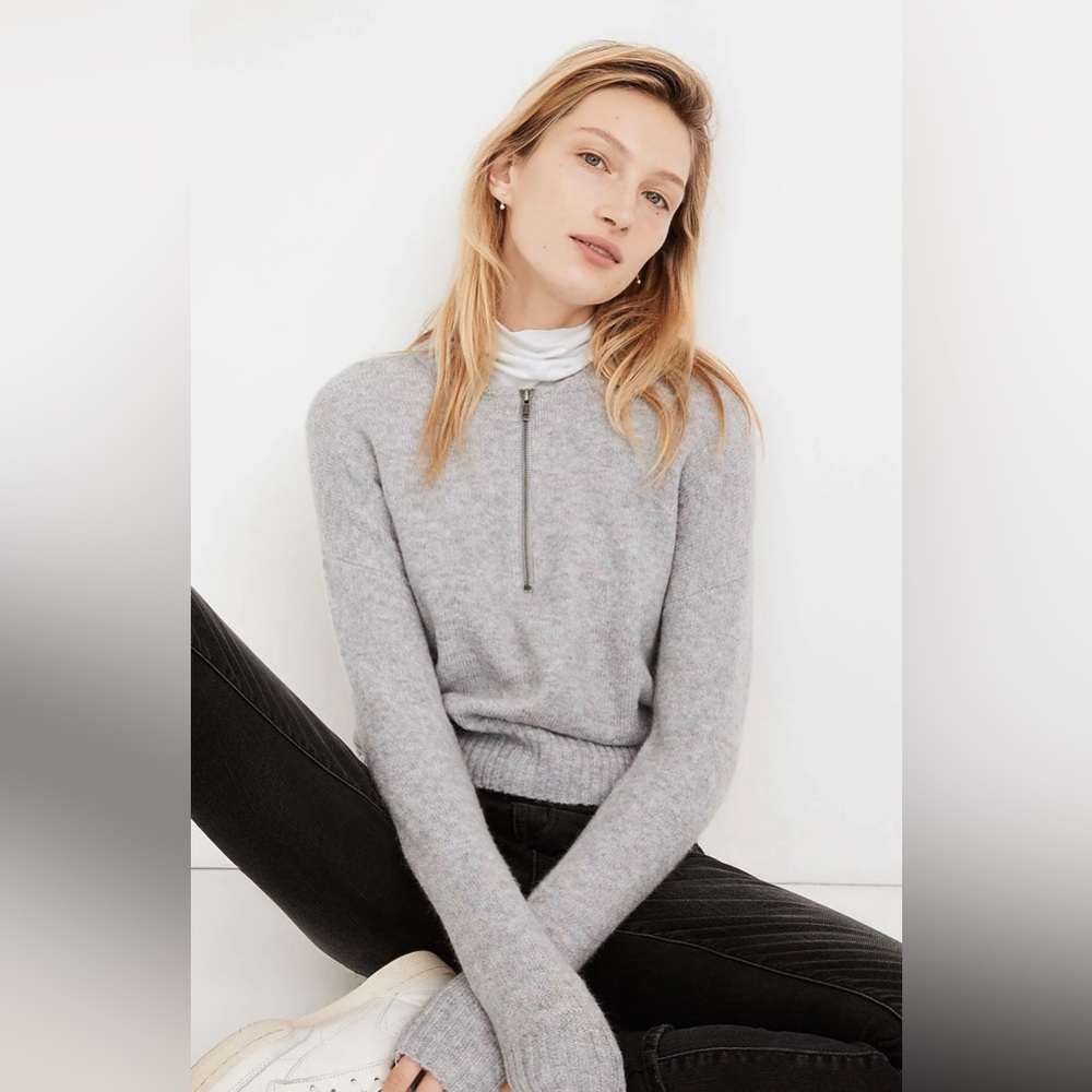 Madewell — York half-zip pullover wool blend sweater, medium, gray with pastels